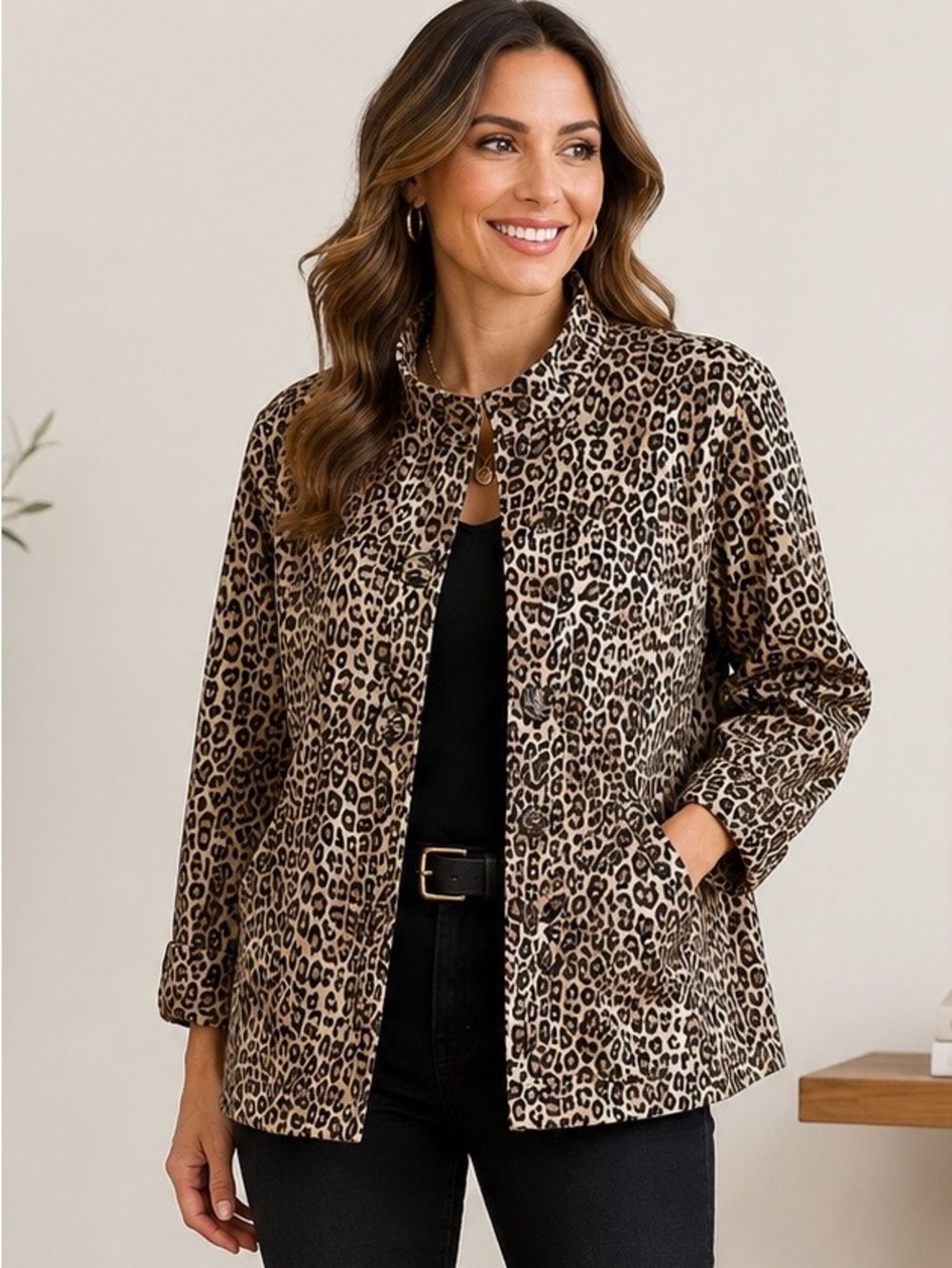 Chico’s Women’s Jacket Leopard Print 3/4 Sleeve Unlined Chic Button Front  Mediu
